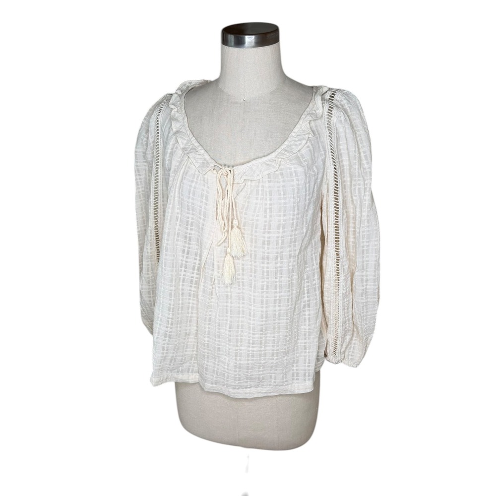 MAX STUDIO Blouse Antique White Cotton Gauze Ruffle Tassel Women's Size Small